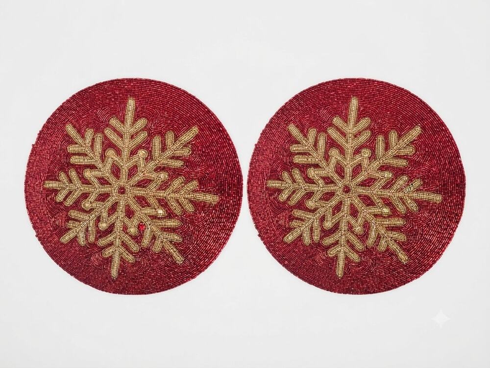 2 Nicole Miller Home Red Snowflake Beaded Round Chargers Placemats Christmas